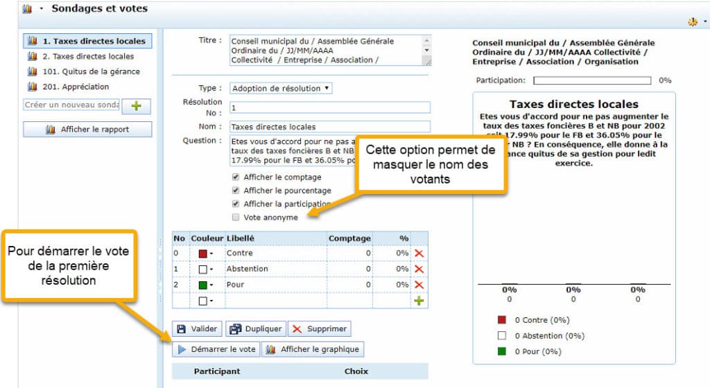 Démarrer le vote d'une résolution du conseil municipal